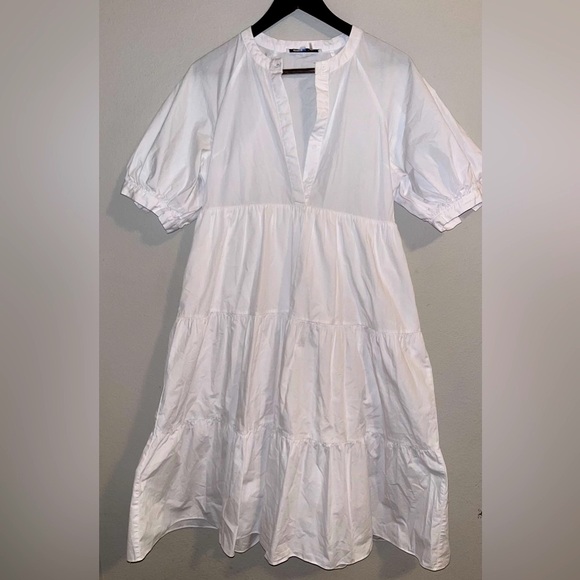 English Factory 100% cotton midi white tiered dress with puff sleeves and pocket - Picture 3 of 6